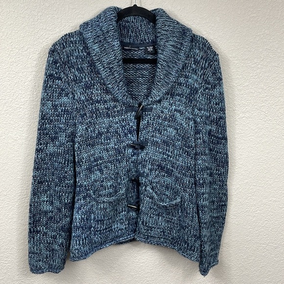 Moda International Wool Blend Chunky Knit Toggle Sweater Coat Blue Sz L - Picture 1 of 10